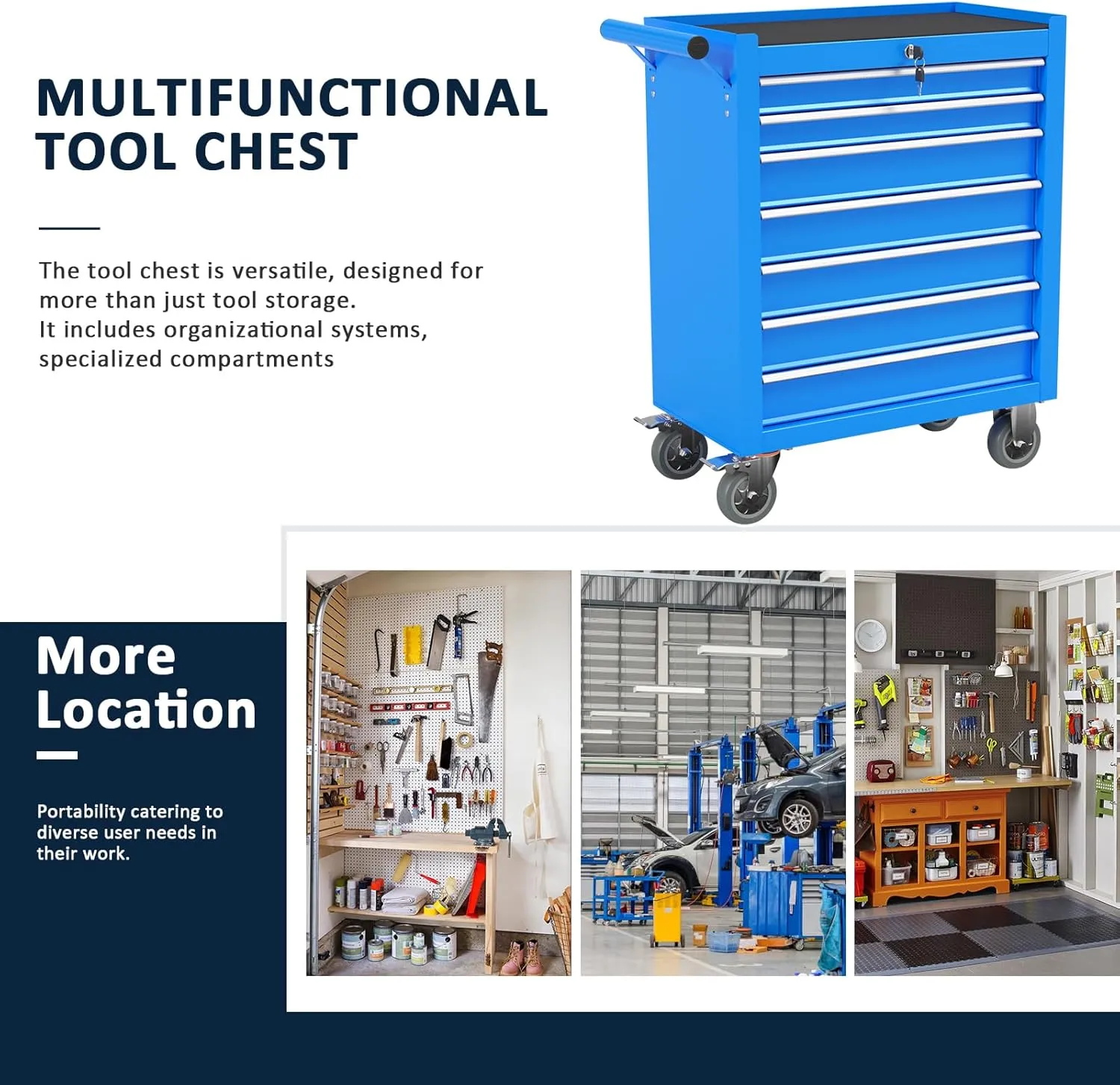 7-Drawer Meatl Rolling Tool Chest with Wheels,Tool Storage Cabinet with Locking System，Toolbox with Wheels for Garage, Warehouse, Workshop, Repair Shop (Blue, 7-Drawer)