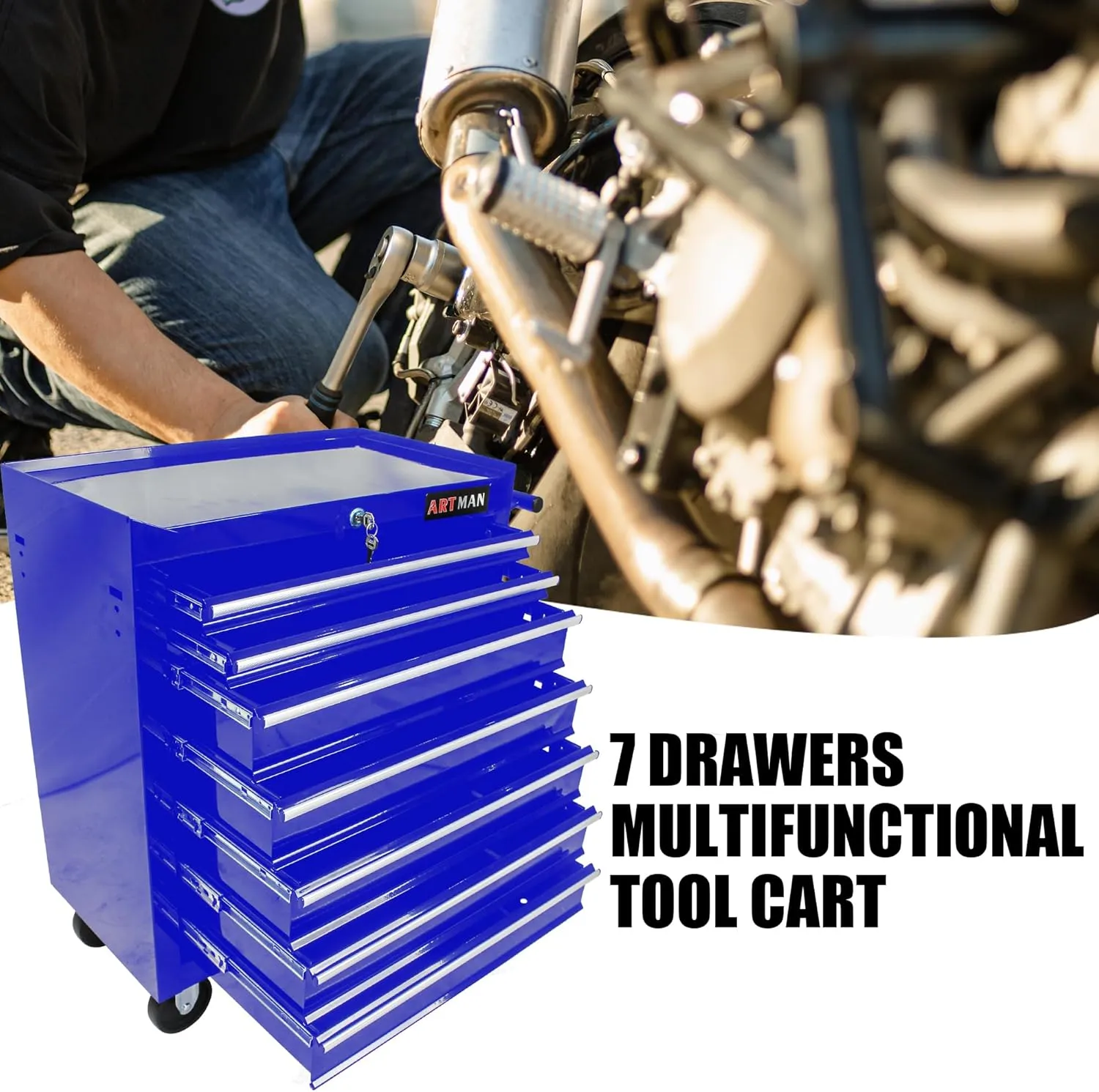 7-Drawer Tool Cart on Wheels, Multifunctional Rolling Tool Chest, Storage Organizer for Garage, Workshop, Repair Shop (7 Drawers-29.9"H-Blue)