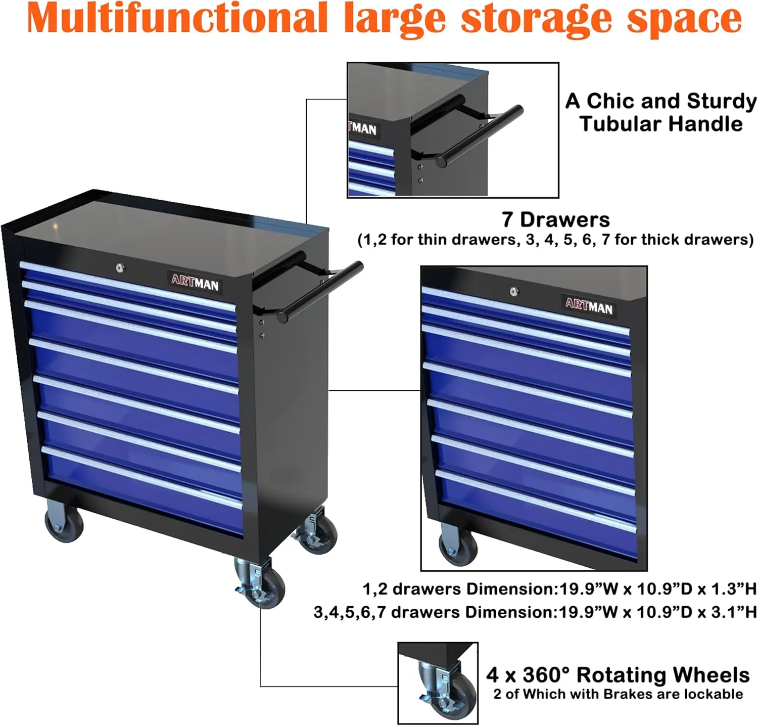 7 Drawers Tool Cart on Wheels,Multifunctional Rolling Tool Chest Tool Storage,Drawers Rolling Tool Trolley Organizer Tool Case for Garage, Warehouse, Workshop, Repair Shop (Black Blue)