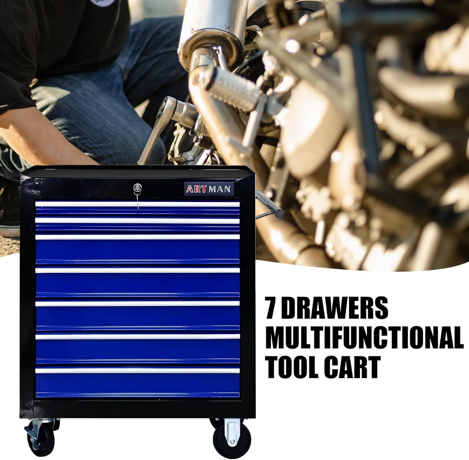 7 Drawers Tool Cart on Wheels,Multifunctional Rolling Tool Chest Tool Storage,Drawers Rolling Tool Trolley Organizer Tool Case for Garage, Warehouse, Workshop, Repair Shop (Black Blue)