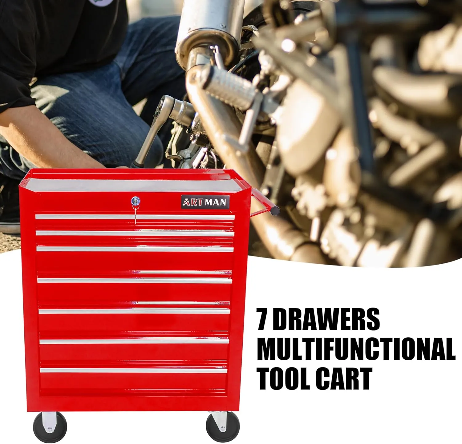 7 Drawers Tool Cart on Wheels,Multifunctional Rolling Tool Chest Tool Storage,Drawers Rolling Tool Trolley Organizer Tool Case for Garage,Warehouse,Workshop,Repair Shop (7 Drawers-29.9"H-Red)