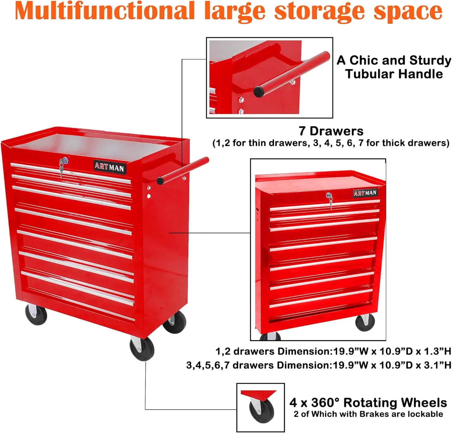 7 Drawers Tool Cart on Wheels,Multifunctional Rolling Tool Chest Tool Storage,Drawers Rolling Tool Trolley Organizer Tool Case for Garage,Warehouse,Workshop,Repair Shop (7 Drawers-29.9"H-Red)