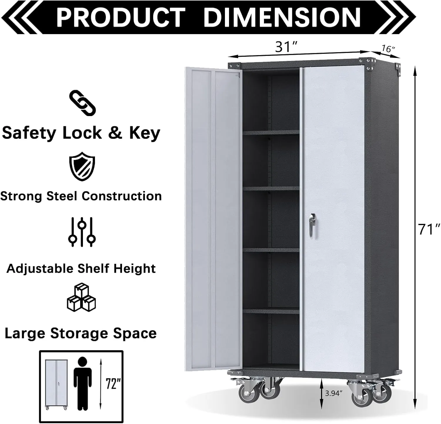 71'' Locking Metal Cabinet with 2 Door and 4 Adjustable Shelves, Lockable Garage Storage Cabinet on Wheels, Rolling Tool Cabinets for Utility Room, Home Office, Assembly Required