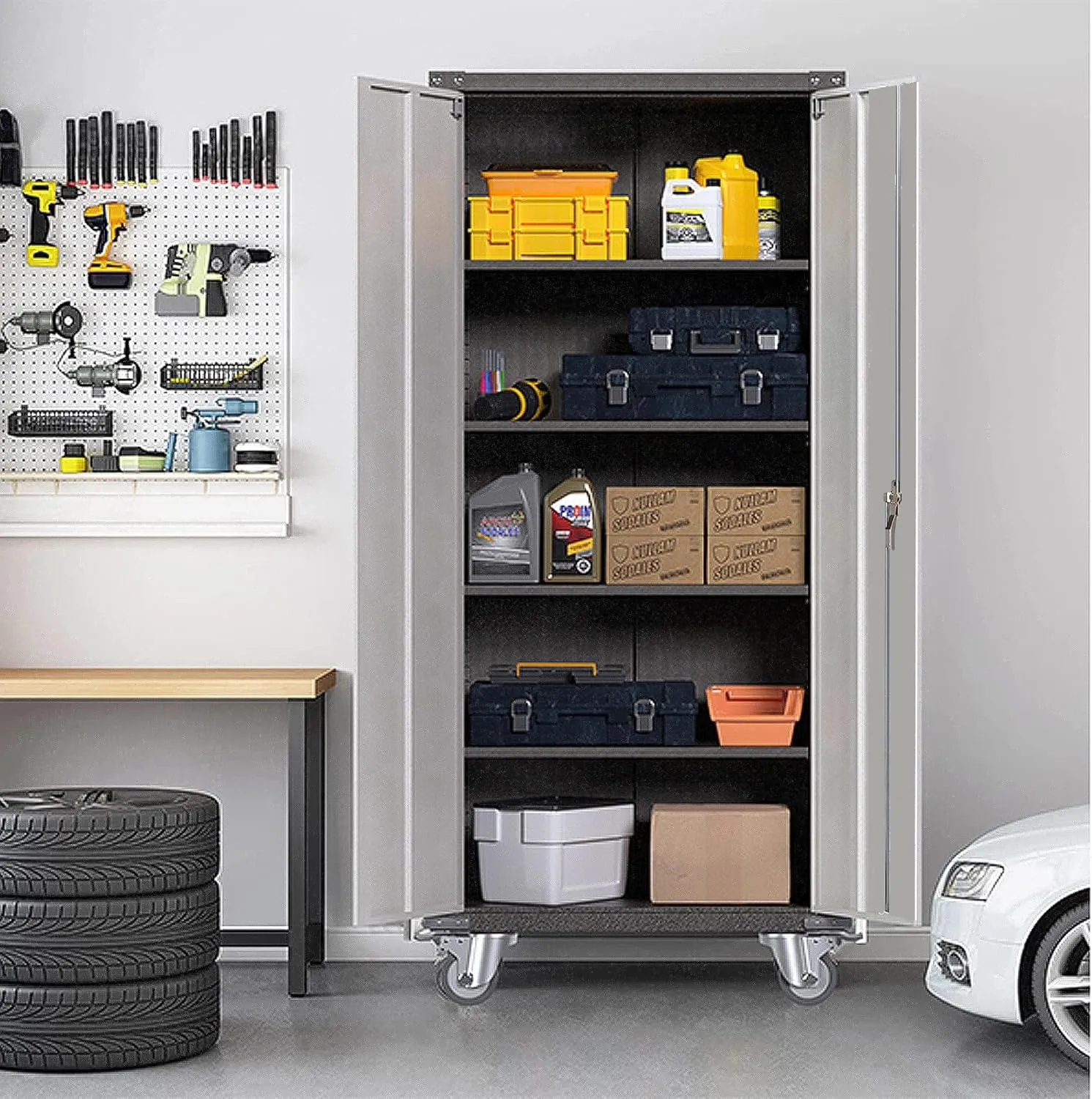 71'' Locking Metal Cabinet with 2 Door and 4 Adjustable Shelves, Lockable Garage Storage Cabinet on Wheels, Rolling Tool Cabinets for Utility Room, Home Office, Assembly Required