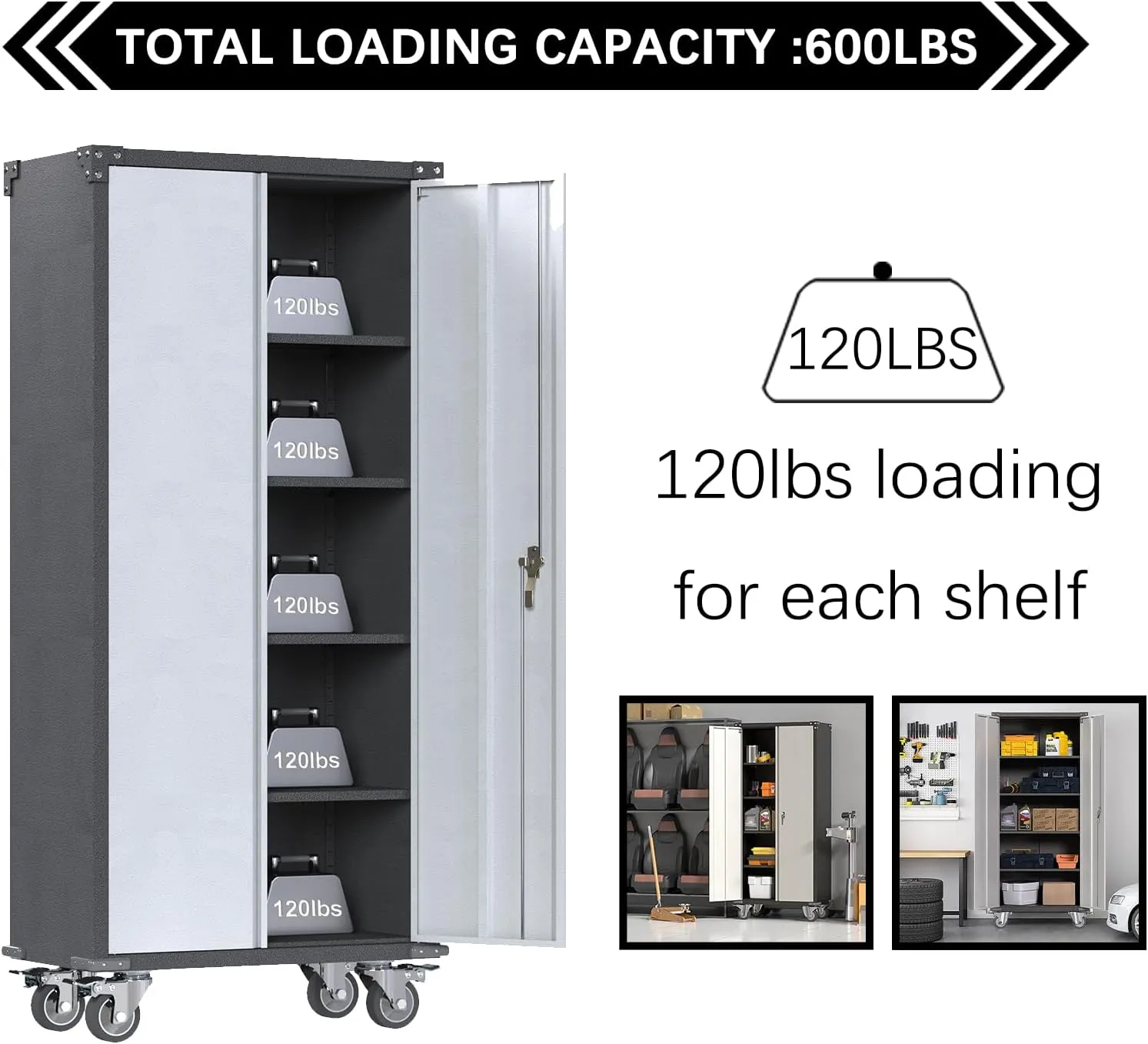 71'' Locking Metal Cabinet with 2 Door and 4 Adjustable Shelves, Lockable Garage Storage Cabinet on Wheels, Rolling Tool Cabinets for Utility Room, Home Office, Assembly Required