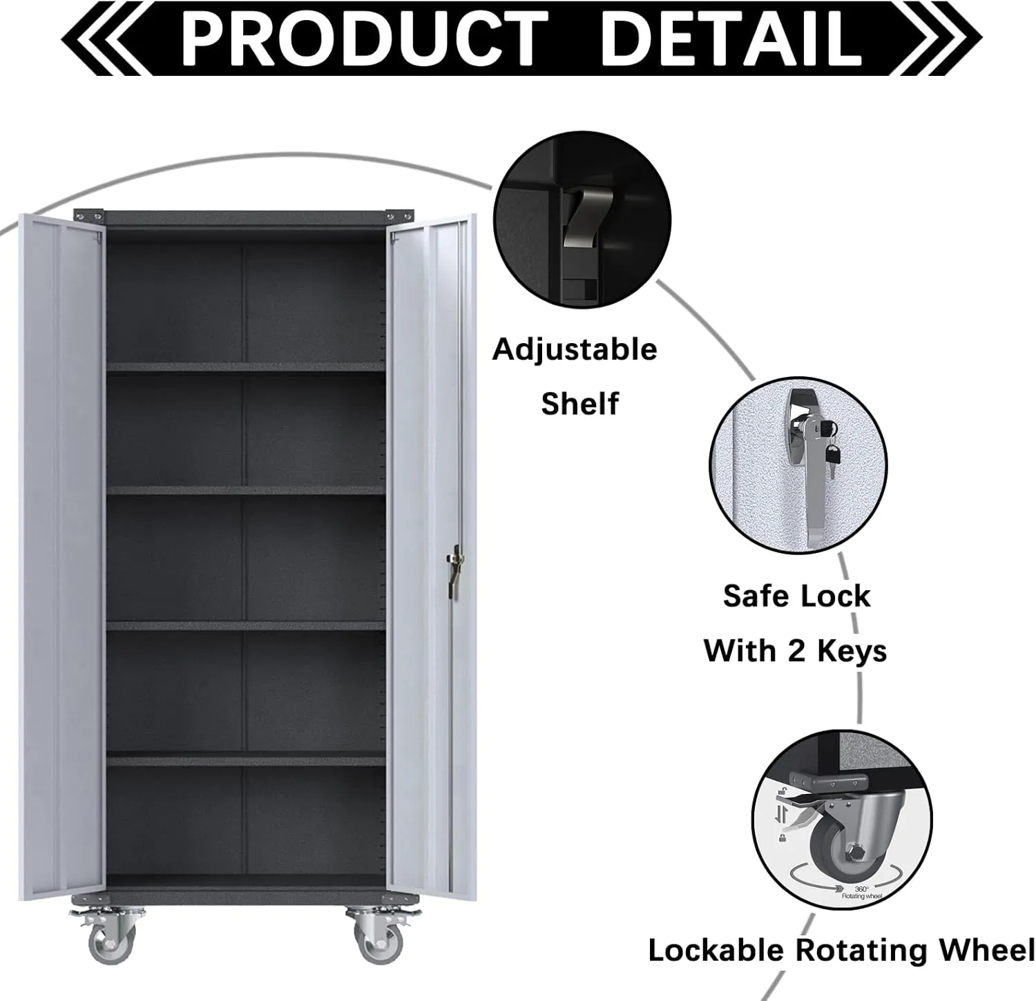 71'' Locking Metal Cabinet with 2 Door and 4 Adjustable Shelves, Lockable Garage Storage Cabinet on Wheels, Rolling Tool Cabinets for Utility Room, Home Office, Assembly Required