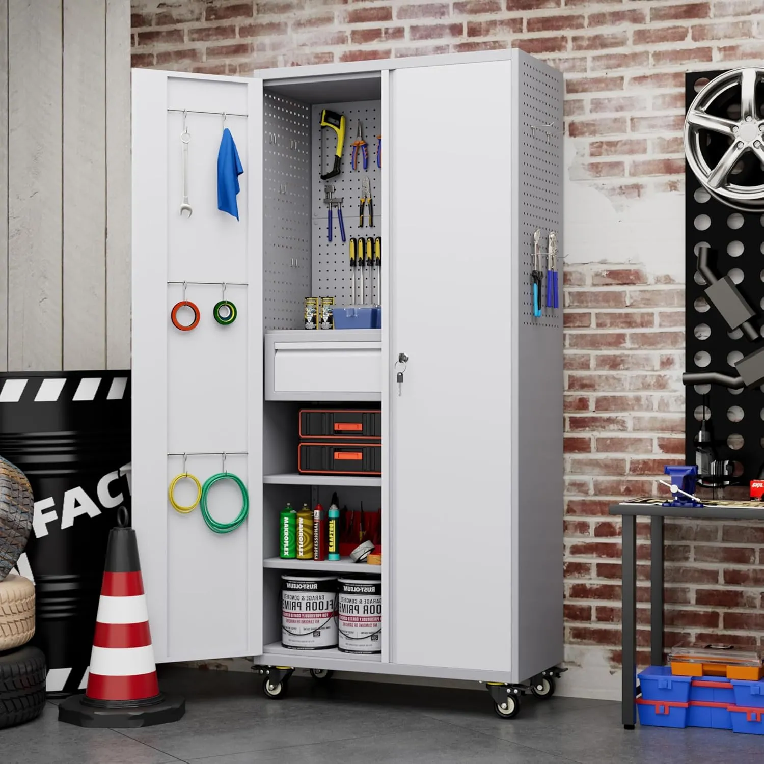 71" Metal Garage Storage Cabinet with 16 Hooks and Pegboards,1 Drawer Inside Rolling Tool Storage Cabinet with Adjustable Shelves,3 Metal Hanging Rod for Garage,Warehouse(Grey/White)