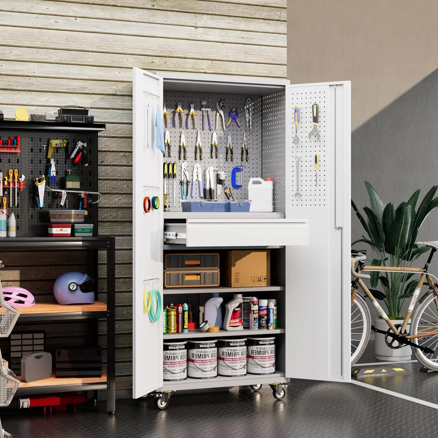 71" Metal Garage Storage Cabinet with 16 Hooks and Pegboards,1 Drawer Inside Rolling Tool Storage Cabinet with Adjustable Shelves,3 Metal Hanging Rod for Garage,Warehouse(Grey/White)