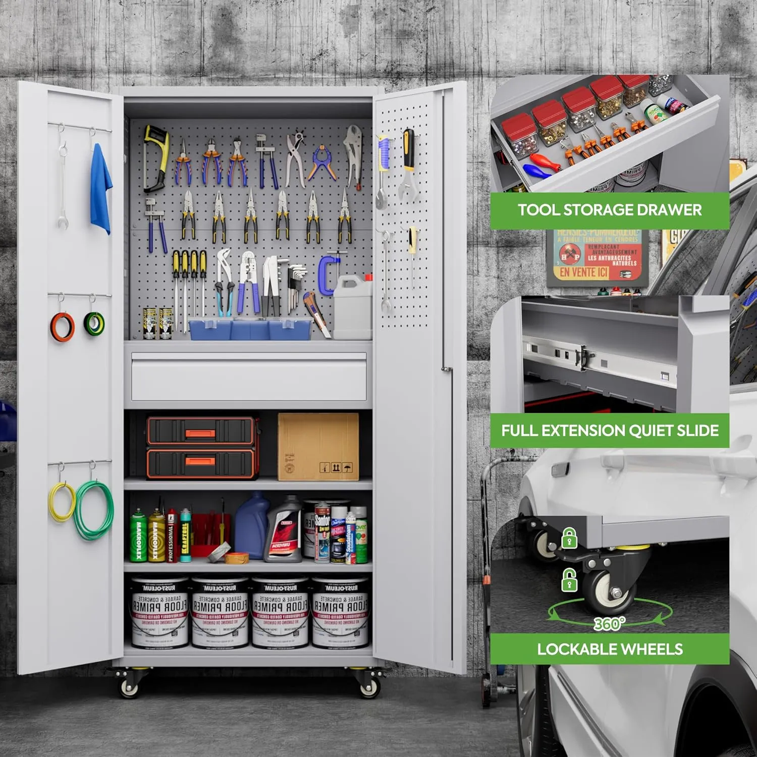71" Metal Garage Storage Cabinet with 16 Hooks and Pegboards,1 Drawer Inside Rolling Tool Storage Cabinet with Adjustable Shelves,3 Metal Hanging Rod for Garage,Warehouse(Grey/White)