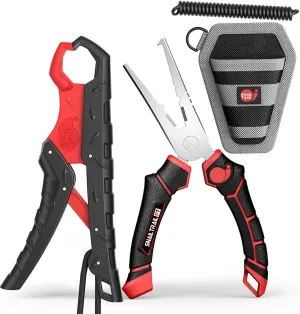 7.5" Floating Fish Gripper & 7" Fishing Pliers Kit, Fishing Grabber, Catfish Mouth Pliers, Caught Bass Holder, Saltwater Lip Grip Tool with Lanyard, Hook Remover with Sheath