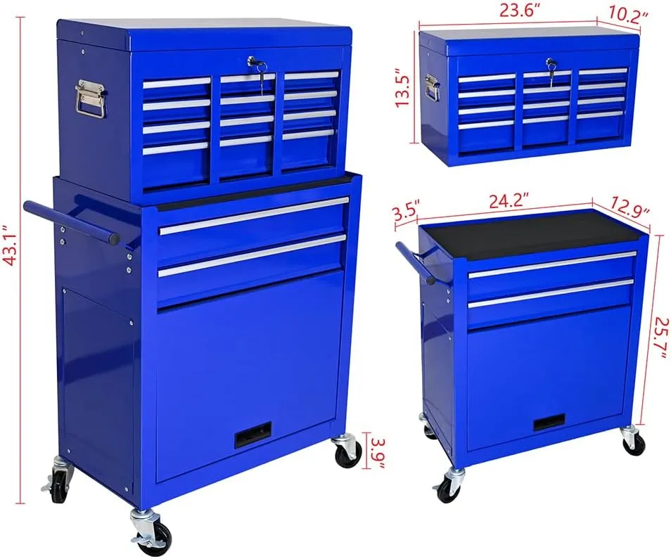 8 Drawers Rolling Tool Chest With Wheels,Large Rolling Tool Box,Top Chest Tool Box Combo,Stack-On Standing Tool Box for Garage,Mechanic Tool Cart Cabinet for Workshop Home Crafts (Blue 8 Drawers)