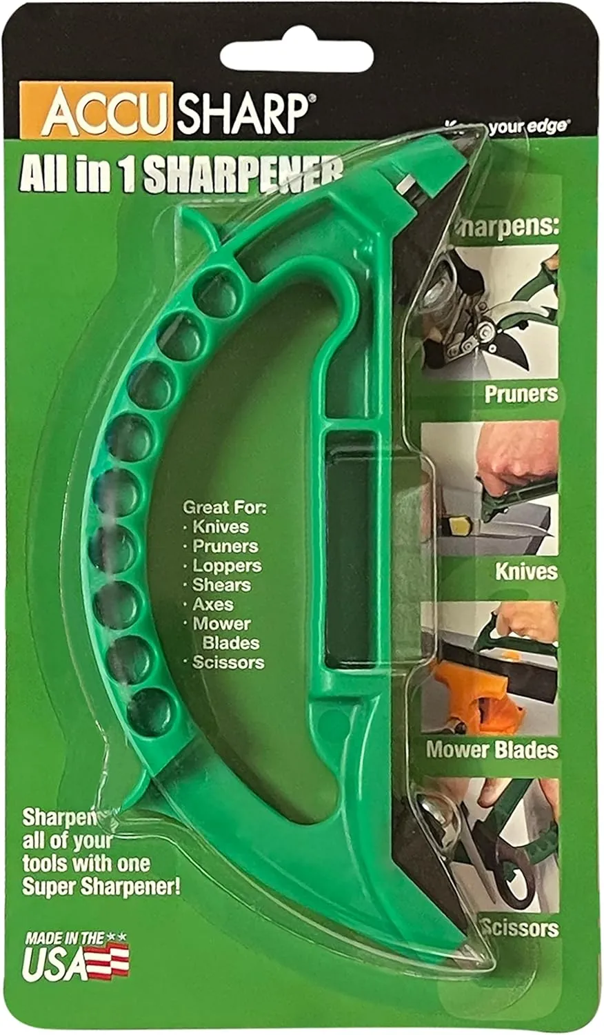AccuSharp All-in-One Sharpener, All Purpose Sharpener for Knives, Scissors, Garden Tools, Sharpens & Restores Serrated Knives, Cleavers, Axes, Machete, Green
