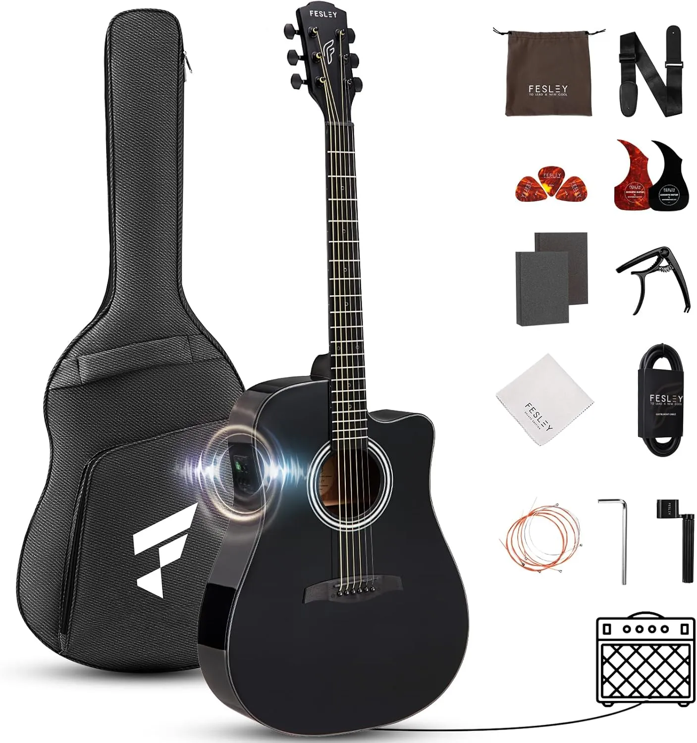 Acoustic Electric Guitar Kit, 41 Inch Full Size 6 String Cutaway Acoustic Guitar for Beginner Adults, Guitarra Electroacústica with Steel String, Built-in EQ, Gig Bag, Capo, Strap, Picks
