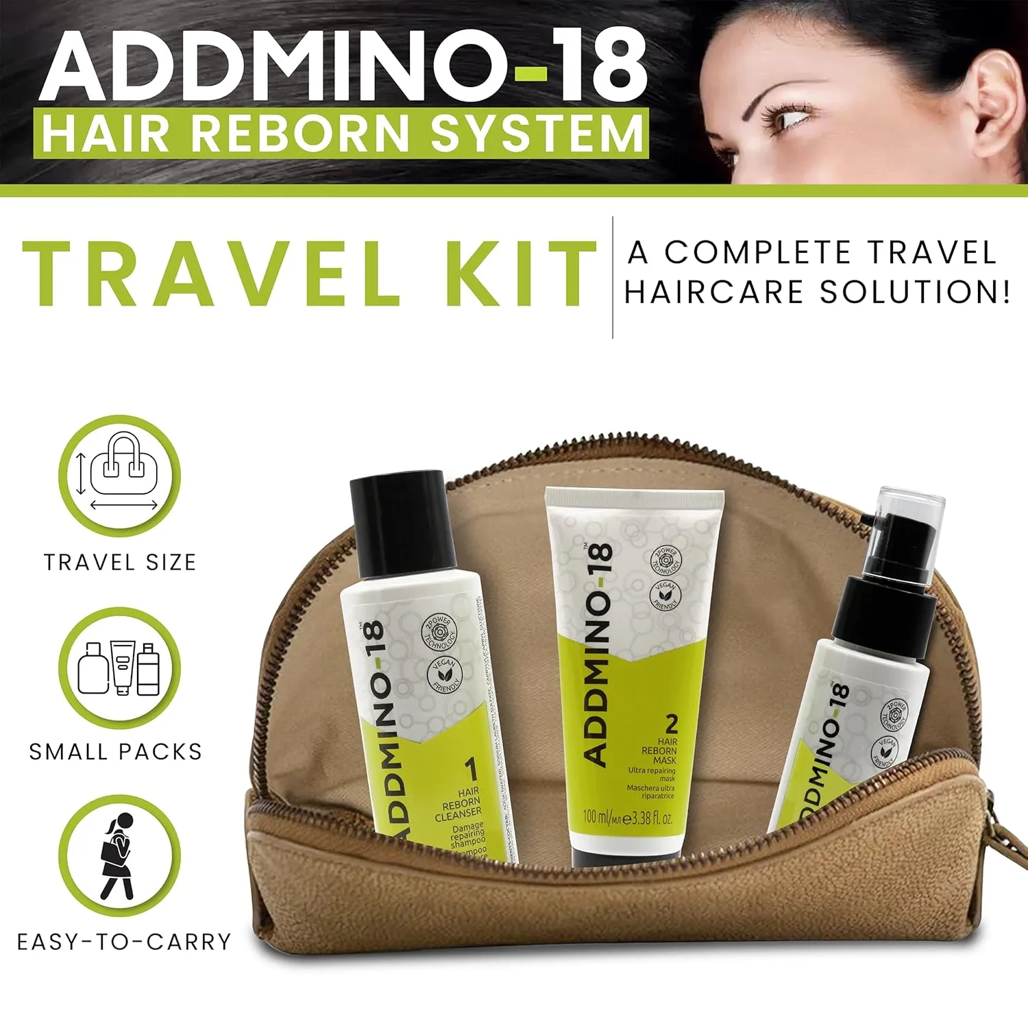 ADDMINO-18 Magic Hair Reborn Kit - Hair Shampoo 100ml, Mask 100ml & Leave in Conditioner 50ml 3pc Travel Set
