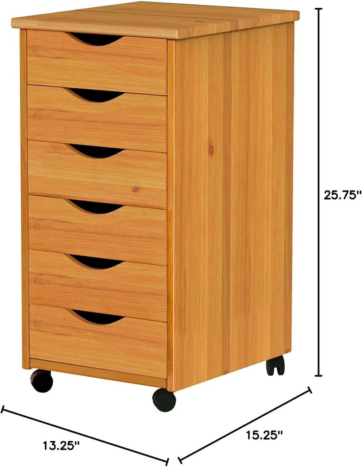 Adeptus Original Roll Cart, Solid Wood, 6 Drawer Narrow Drawers Roll Carts, Medium Pine
