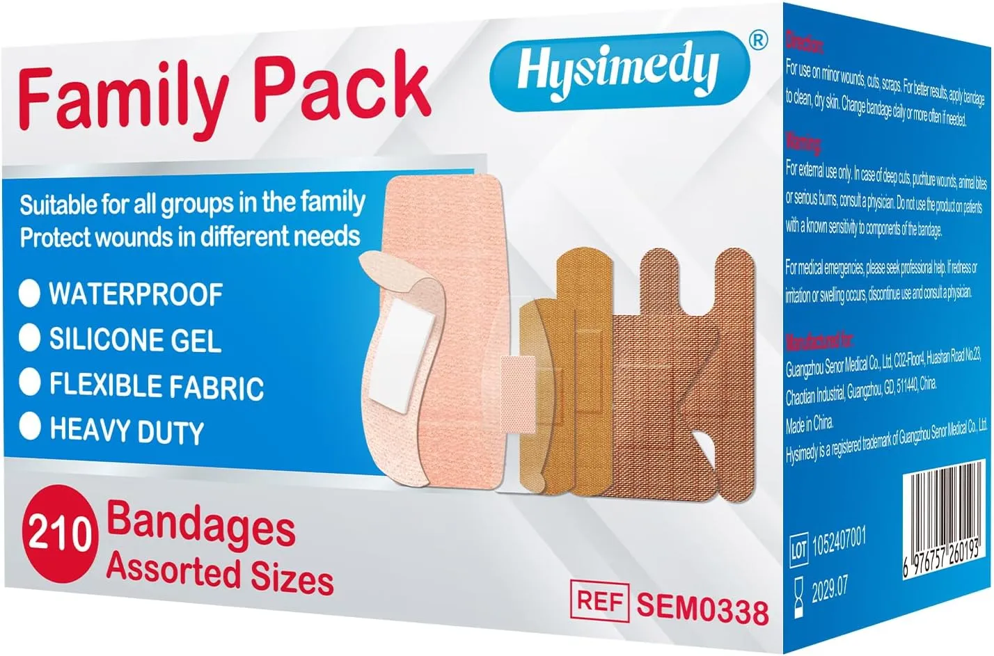 Adhesive Bandages Variety Pack 210 Counts Flexible Fabric Heavy Duty Waterproof Silicone Hypoallergenic Latex Free for Sensitive Skin Wounds Care Medical First Aid Kit Supplies