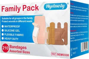 Adhesive Bandages Variety Pack 210 Counts Flexible Fabric Heavy Duty Waterproof Silicone Hypoallergenic Latex Free for Sensitive Skin Wounds Care Medical First Aid Kit Supplies