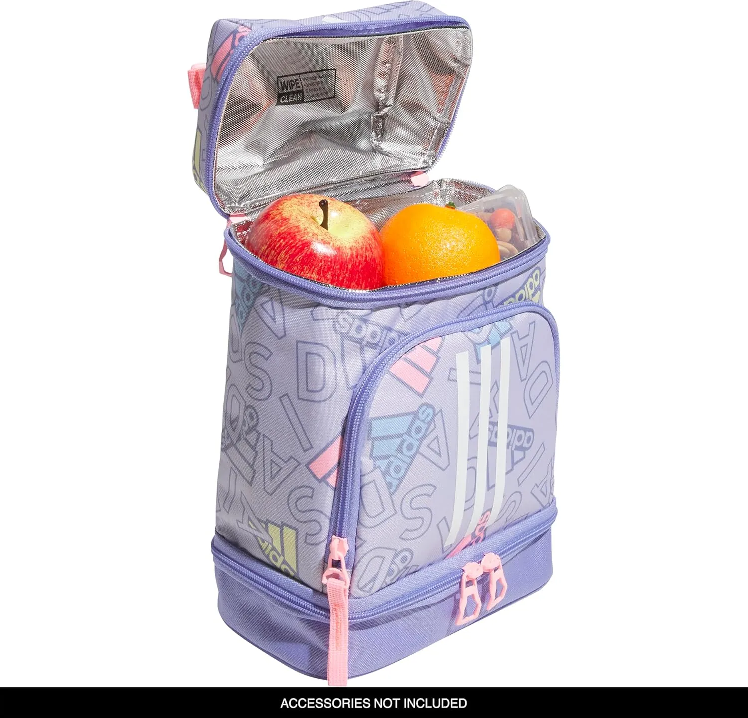 adidas Excel Lunch Bag, Cooler with Zipper, Pocket for Ice Pack, and Clip, Temperature Control Insulation, Adi Comp Silver Violet/Light Purple/Pink Spark, One Size