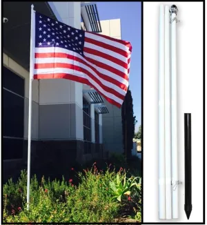 AES 10ft White Steel Outdoor Flag Pole KIT Ground Spike Shock Absorber USA Flag
