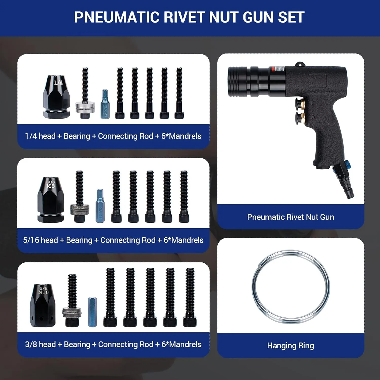 Air Rivet Nut Tool Kit, Pneumatic Rivnut Gun with 1/4'', 5/16'' & 3/8'' Mandrels