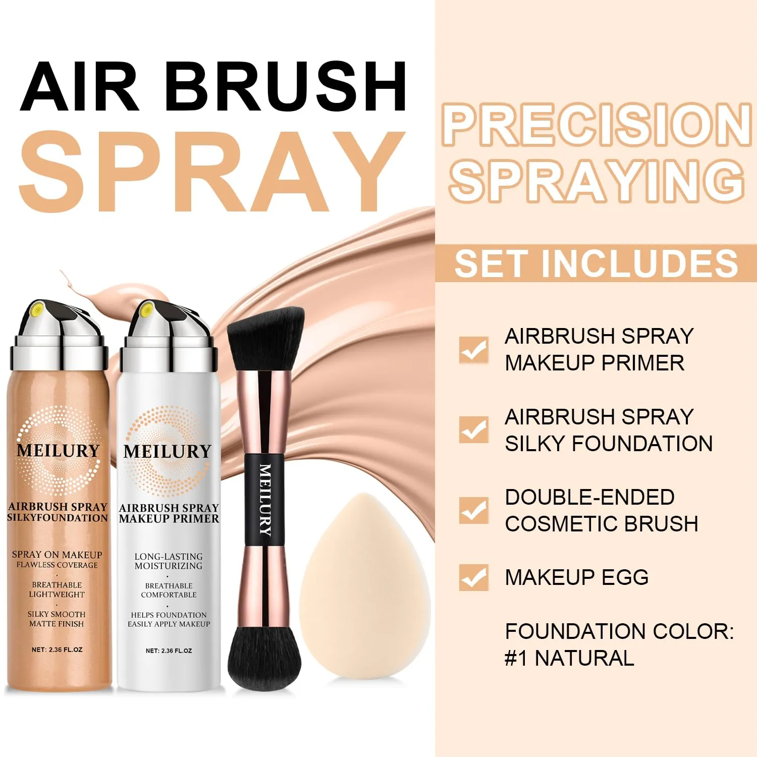 AirBrush Foundation Spray Set, Spray Foundation Makeup and Hydrating Face Air Primer Kit, Longwear Waterproof Liquid Matte Foundation Mist for Flawless Look (01 Natural)