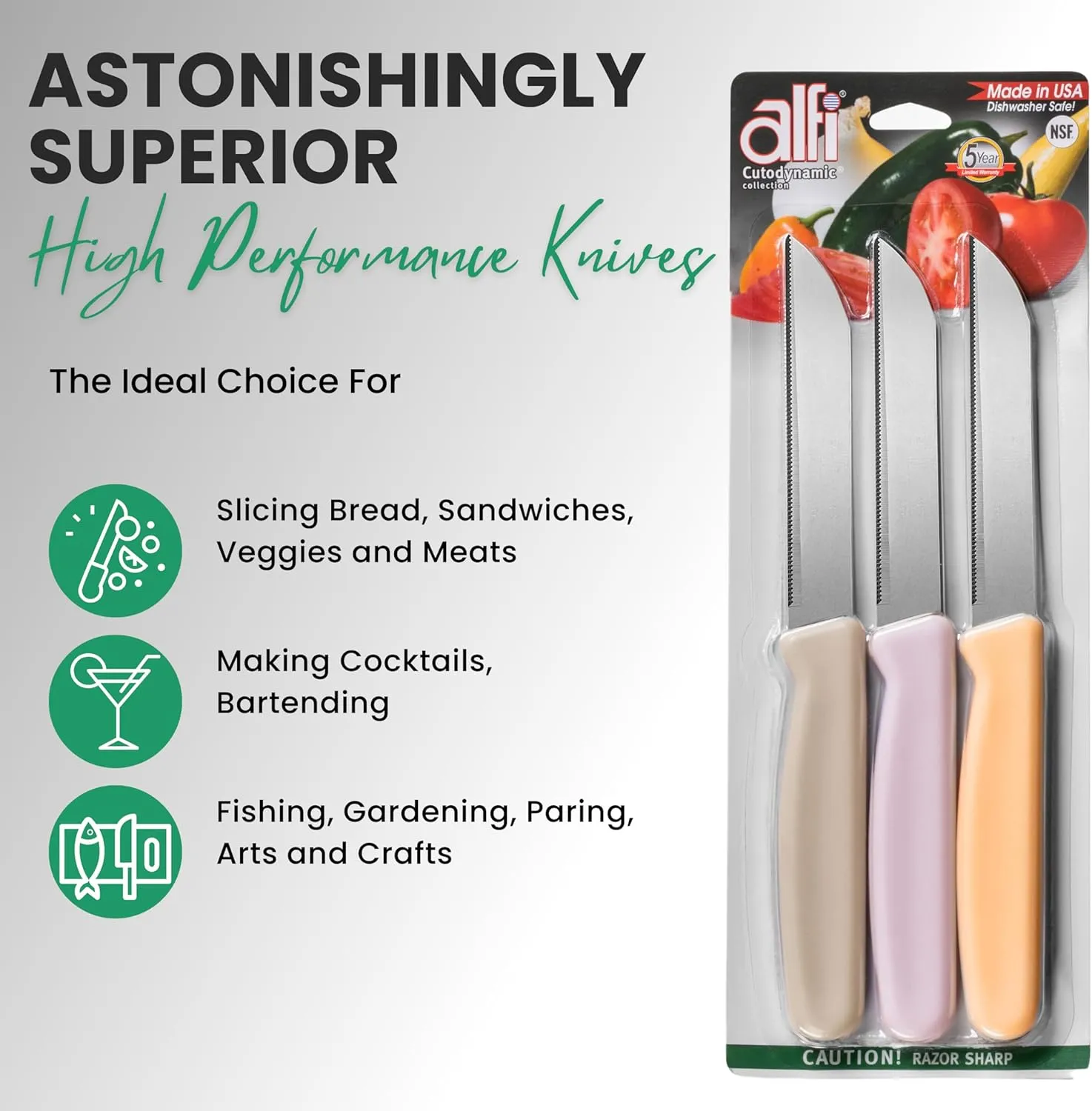 Alfi All-Purpose Knives Aerospace Precision Pointed Tip - Home And Kitchen Supplies - Serrated Steak Knives Set | Made in USA (Pastel Multi-Color)