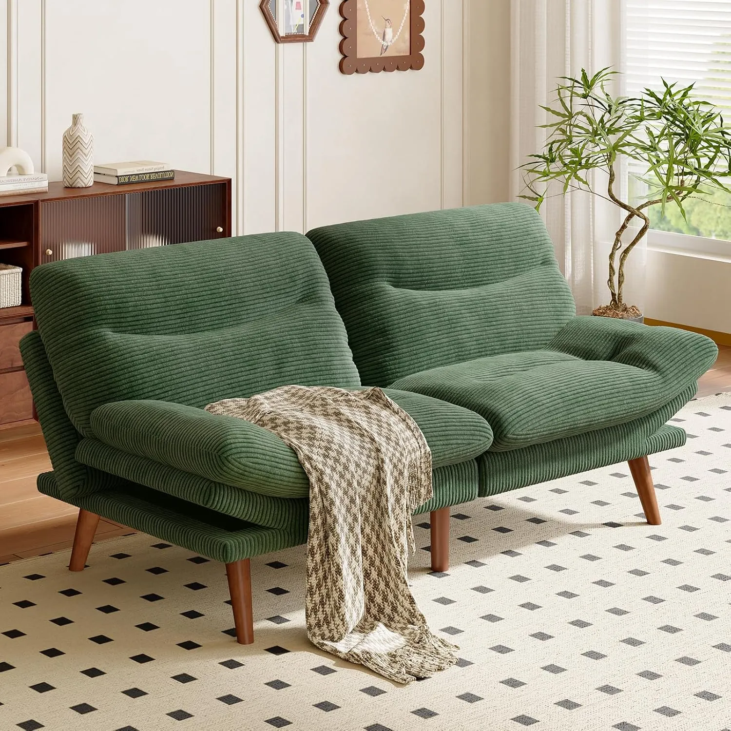 AMADA HOMEFURNISHING Convertible Futon Sofa Bed,Green futon with Adjustable Backrest & Armrests,Folding Sleeper Recliner for Small Spaces, Living Room or Office, Corduroy Futon Sofa Bed,Green
