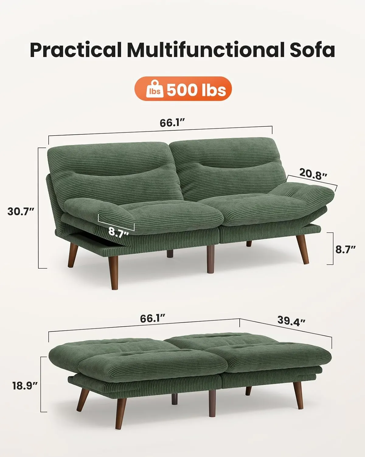AMADA HOMEFURNISHING Convertible Futon Sofa Bed,Green futon with Adjustable Backrest & Armrests,Folding Sleeper Recliner for Small Spaces, Living Room or Office, Corduroy Futon Sofa Bed,Green