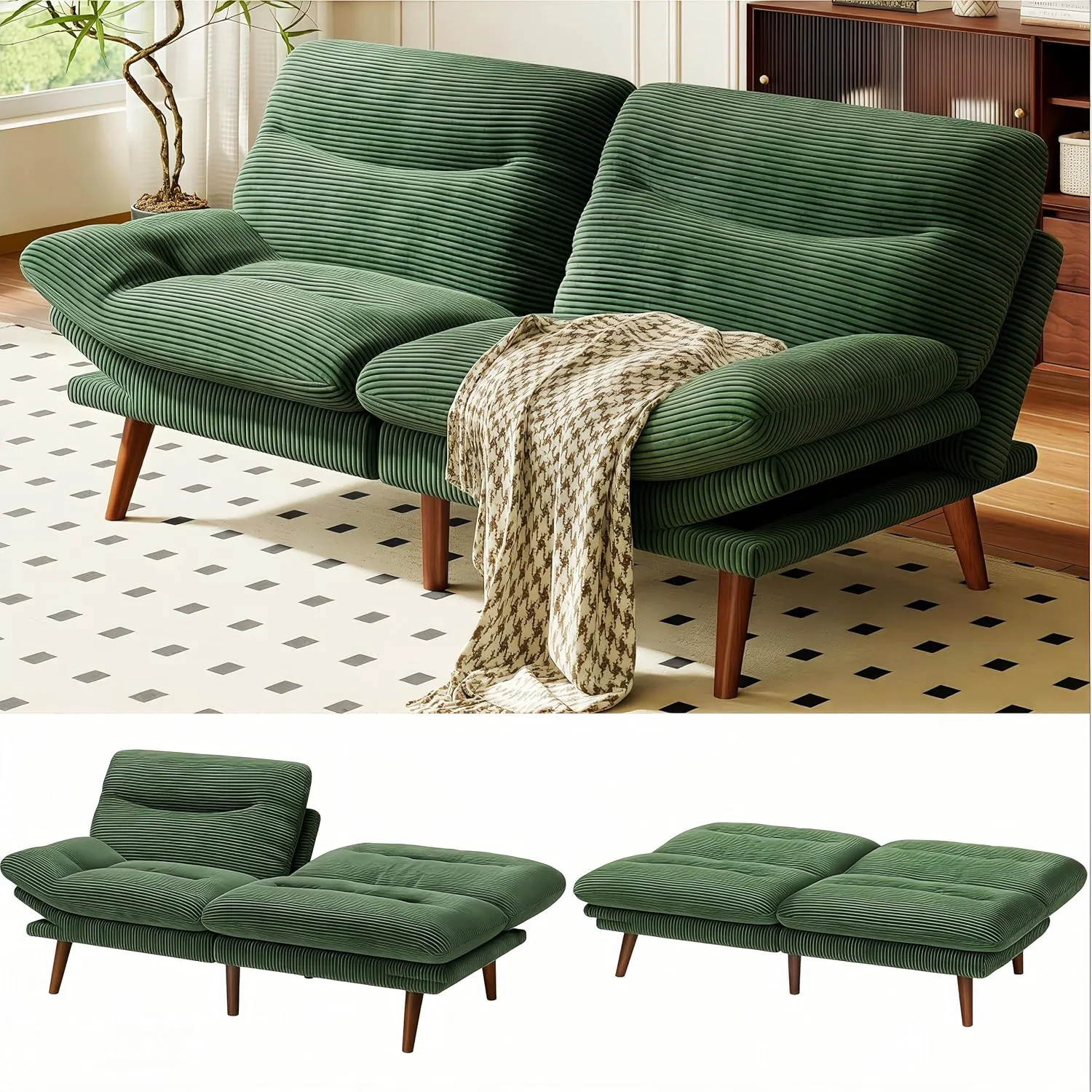 AMADA HOMEFURNISHING Convertible Futon Sofa Bed,Green futon with Adjustable Backrest & Armrests,Folding Sleeper Recliner for Small Spaces, Living Room or Office, Corduroy Futon Sofa Bed,Green