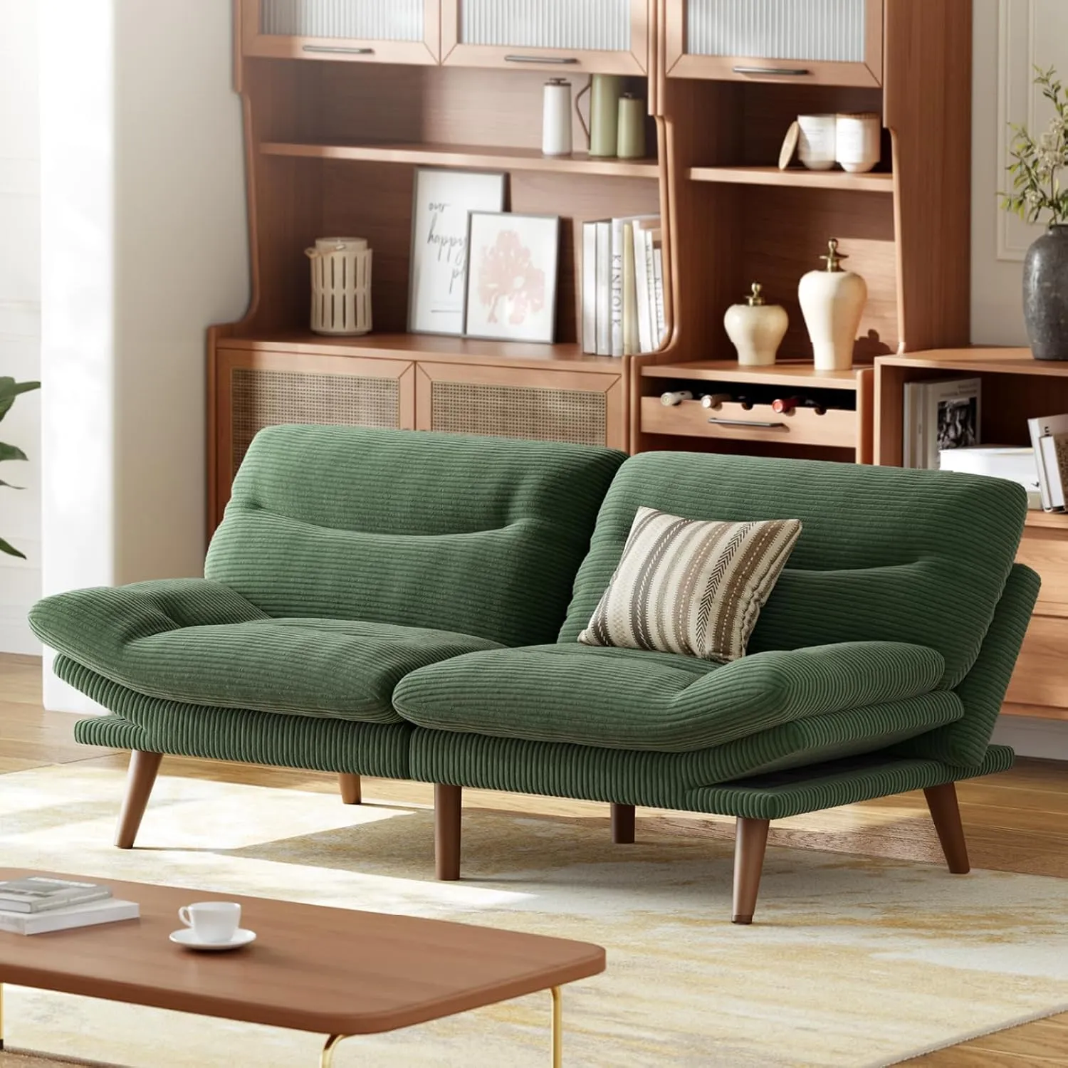 AMADA HOMEFURNISHING Convertible Futon Sofa Bed,Green futon with Adjustable Backrest & Armrests,Folding Sleeper Recliner for Small Spaces, Living Room or Office, Corduroy Futon Sofa Bed,Green