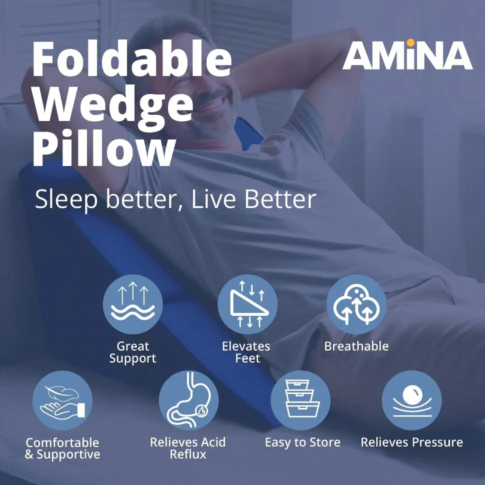 AMiNA Bed Wedge Pillow - 10" Folding Bed Wedge Pillow for Sleeping, Gerd Pillow, Acid Reflux, Sleep Apnea - Bed Wedge Pillow Post Surgery, Back Support Pillow C Section Pillow, Portable Easy to Clean