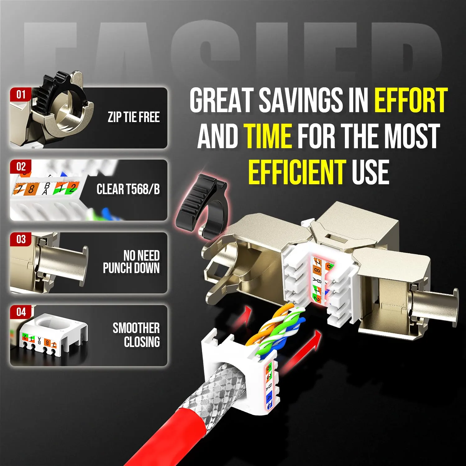 AMPCOM STP Self-Locking Zinc-Alloy CAT8 RJ45 Keystone Jack with Zip Tie Free Design, High Speed 40Gbps Tool-Free Network Connector 6-Pack