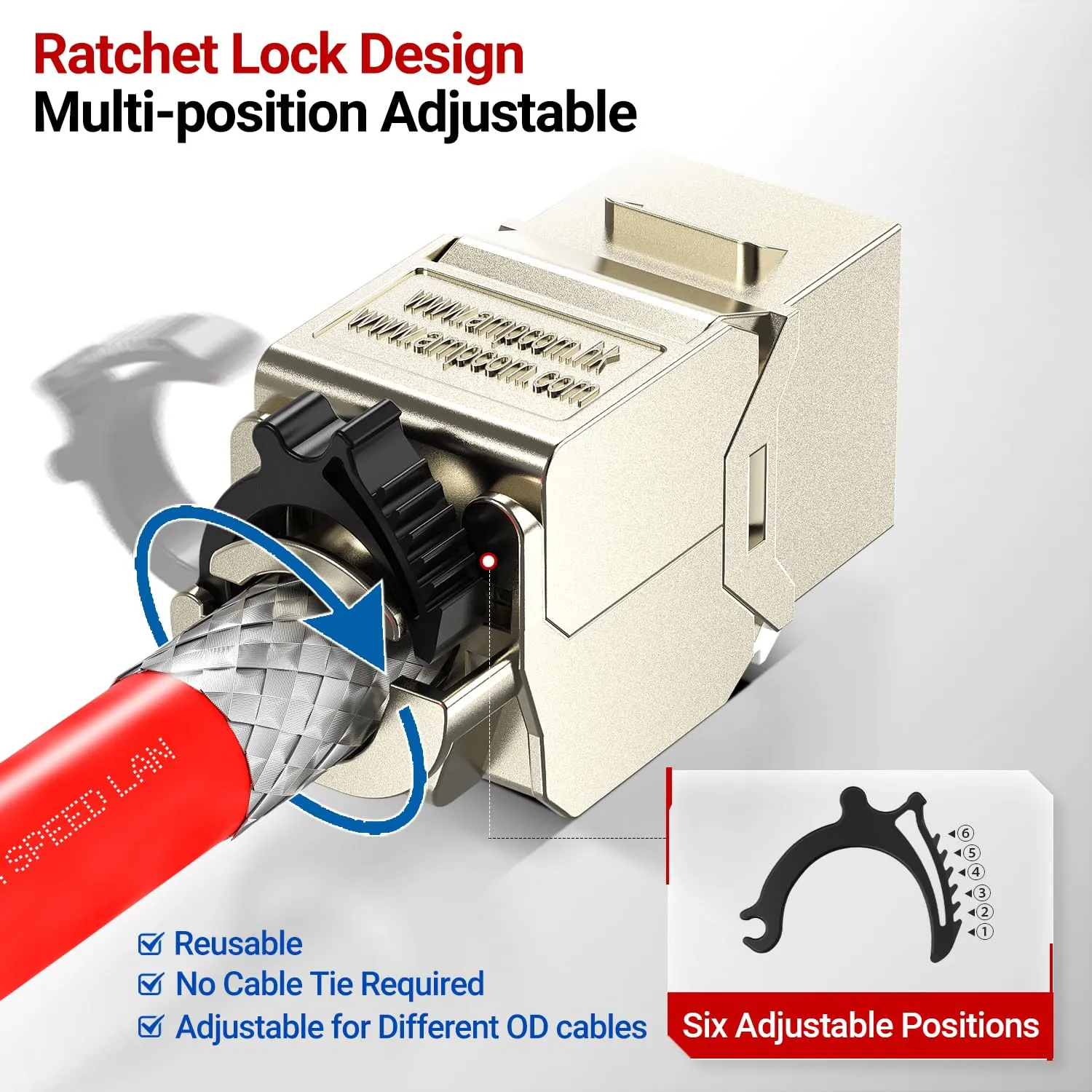 AMPCOM STP Self-Locking Zinc-Alloy CAT8 RJ45 Keystone Jack with Zip Tie Free Design, High Speed 40Gbps Tool-Free Network Connector 6-Pack