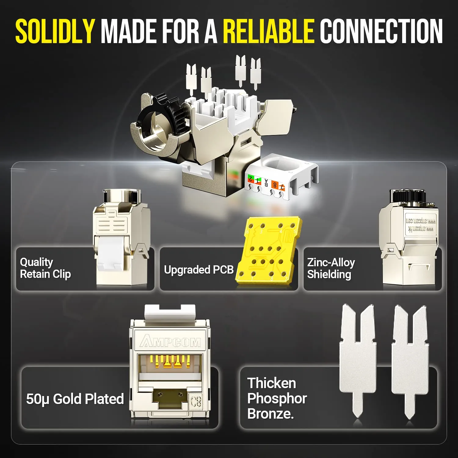 AMPCOM STP Self-Locking Zinc-Alloy CAT8 RJ45 Keystone Jack with Zip Tie Free Design, High Speed 40Gbps Tool-Free Network Connector 6-Pack