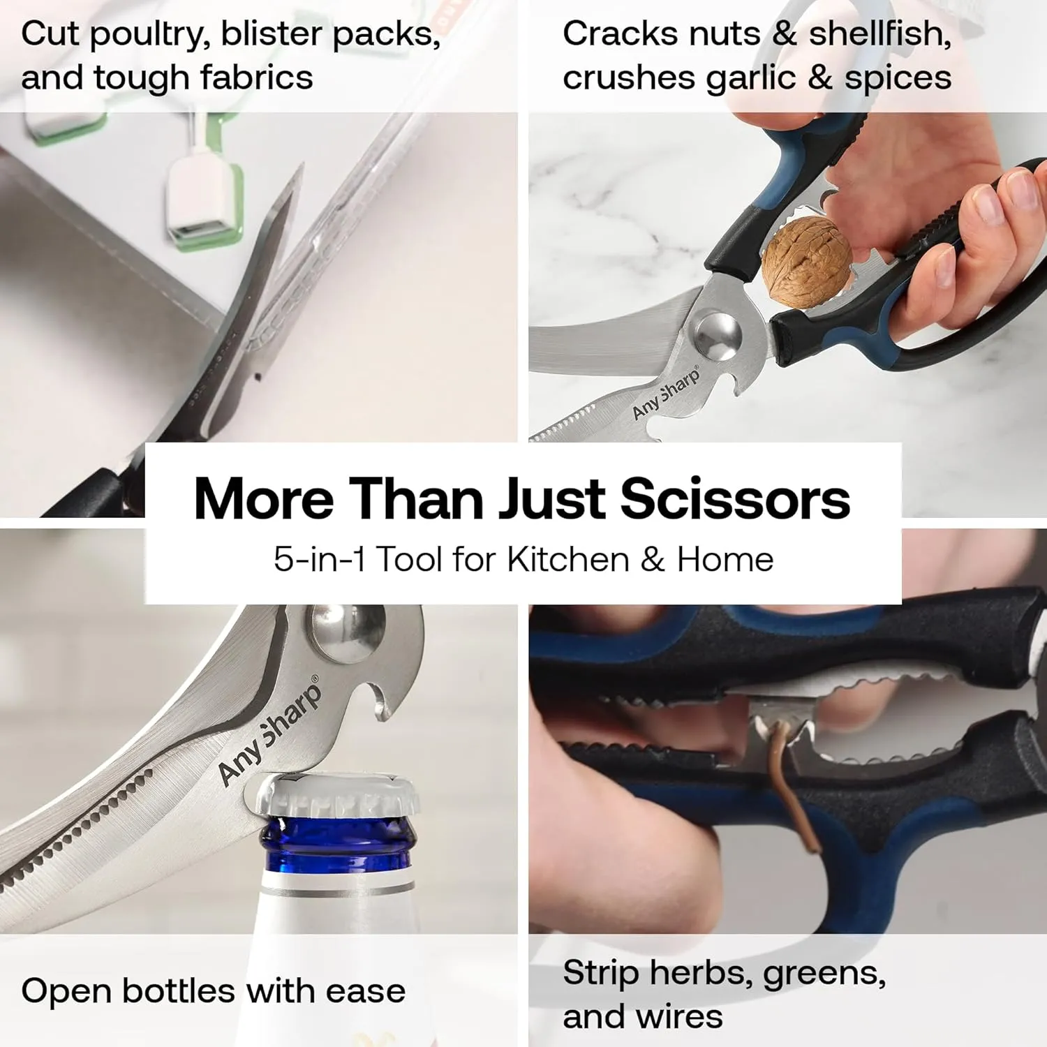AnySharp 5-in-1 Multi-Function Scissors with Hardened Steel Blades for Tough Materials - Comfortable Grip for Both Left and Right Handed Users - Dishwasher Safe Kitchen Shears