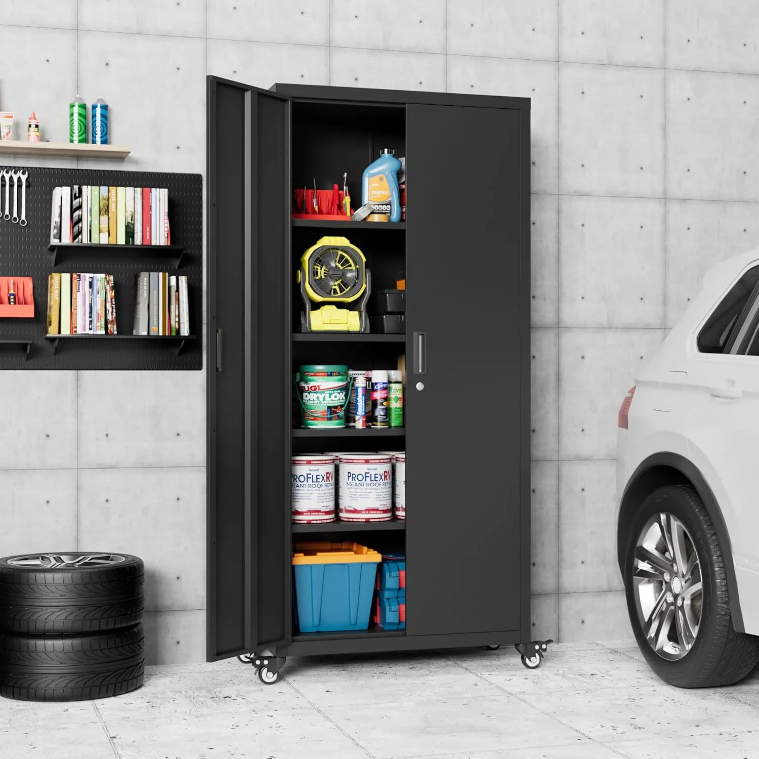 Aobabo 73" H Metal Storage Cabinet with Wheels, Locking Garage Tool Cabinet with 4 Shelves, Black, Assembly Required