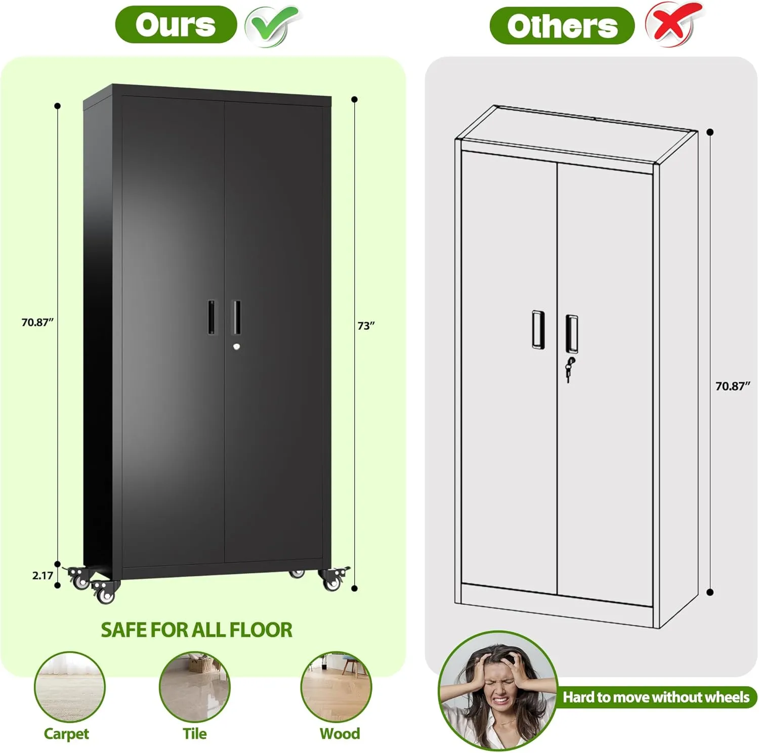 Aobabo 73" H Metal Storage Cabinet with Wheels, Locking Garage Tool Cabinet with 4 Shelves, Black, Assembly Required