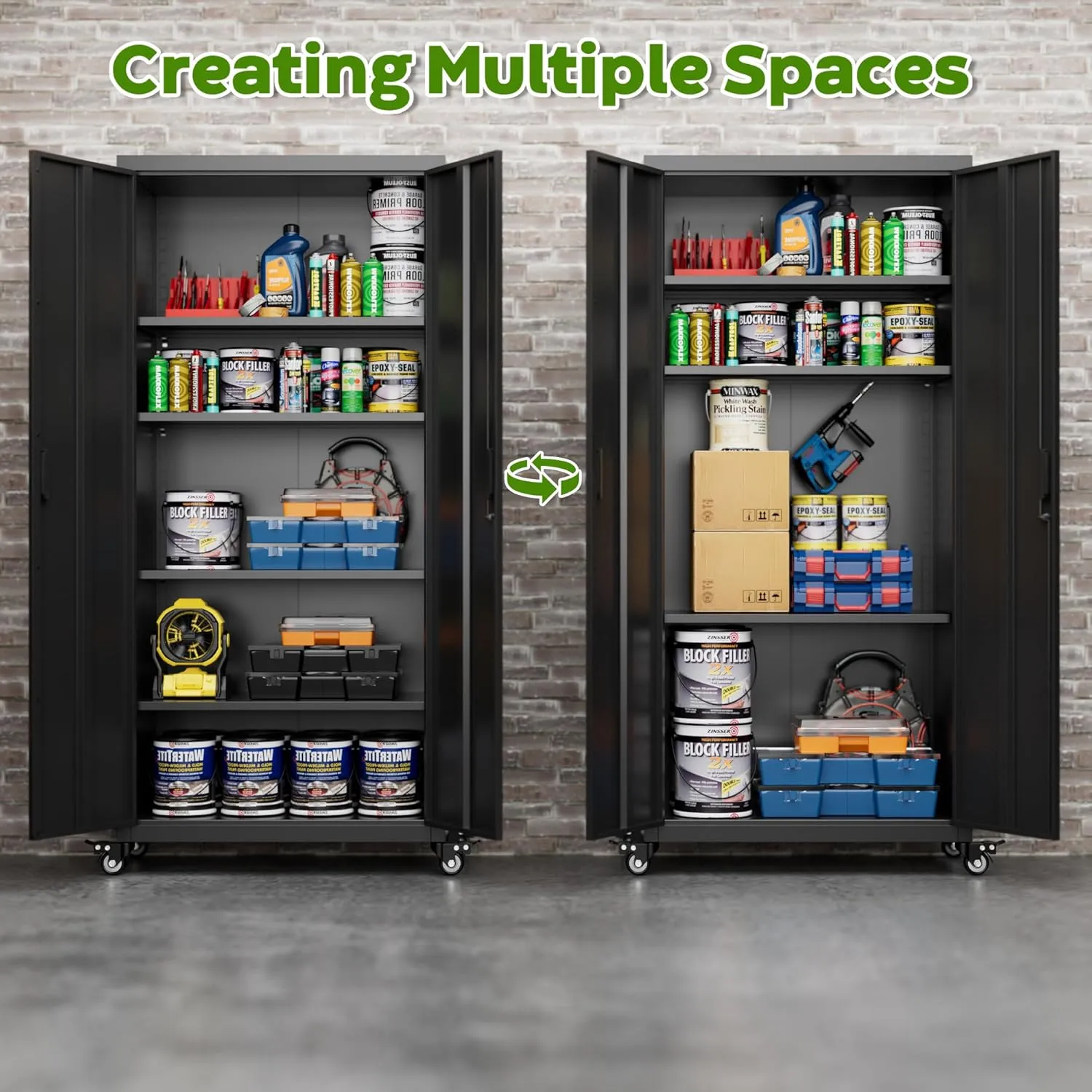 Aobabo 73" H Metal Storage Cabinet with Wheels, Locking Garage Tool Cabinet with 4 Shelves, Black, Assembly Required