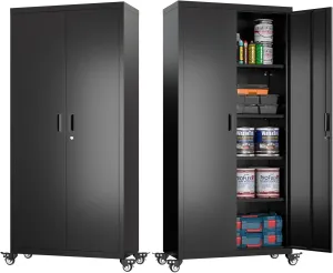 Aobabo 73" H Metal Storage Cabinet with Wheels, Locking Garage Tool Cabinet with 4 Shelves, Black, Assembly Required