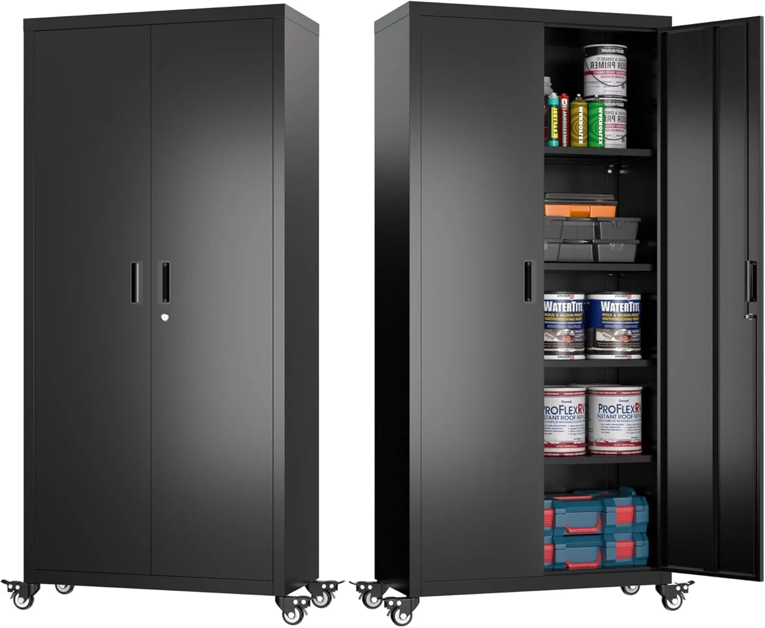 Aobabo 73" H Metal Storage Cabinet with Wheels, Locking Garage Tool Cabinet with 4 Shelves, Black, Assembly Required