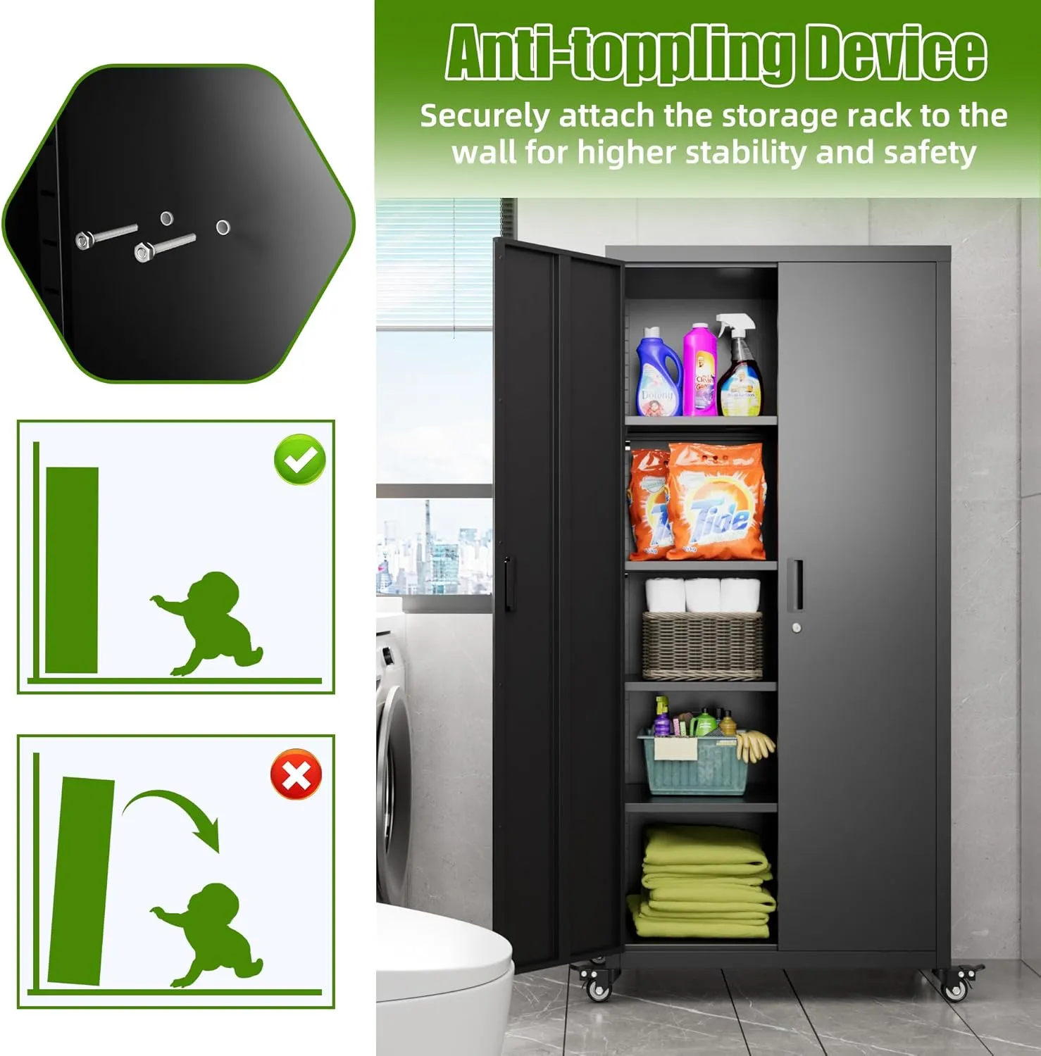 Aobabo 73" H Metal Storage Cabinet with Wheels, Locking Garage Tool Cabinet with 4 Shelves, Black, Assembly Required