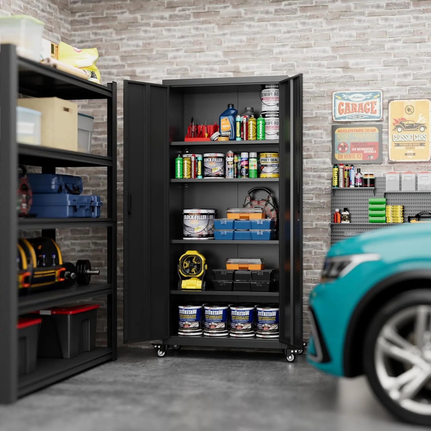 Aobabo 73" H Metal Storage Cabinet with Wheels, Locking Garage Tool Cabinet with 4 Shelves, Black, Assembly Required
