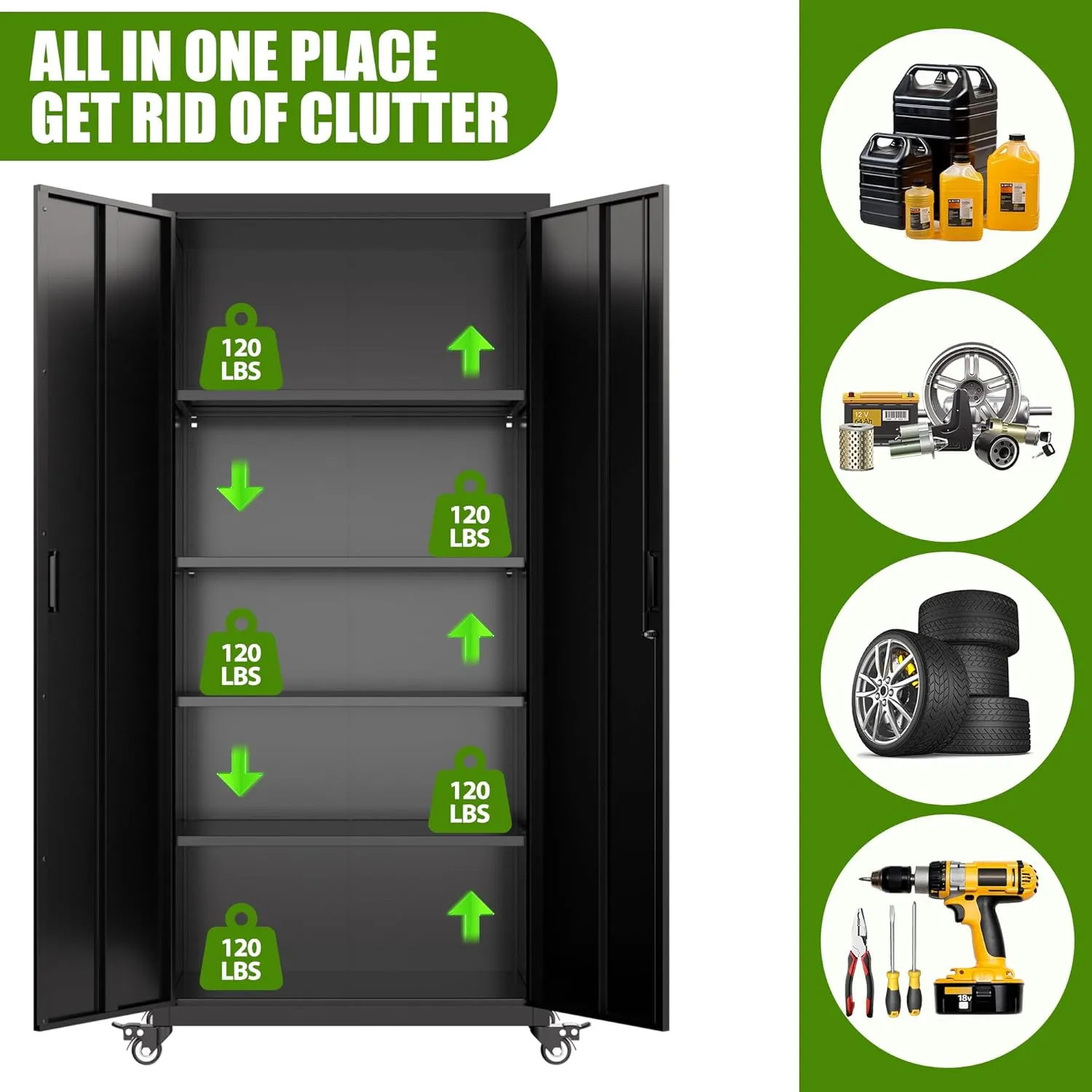 Aobabo 73" H Metal Storage Cabinet with Wheels, Locking Garage Tool Cabinet with 4 Shelves, Black, Assembly Required