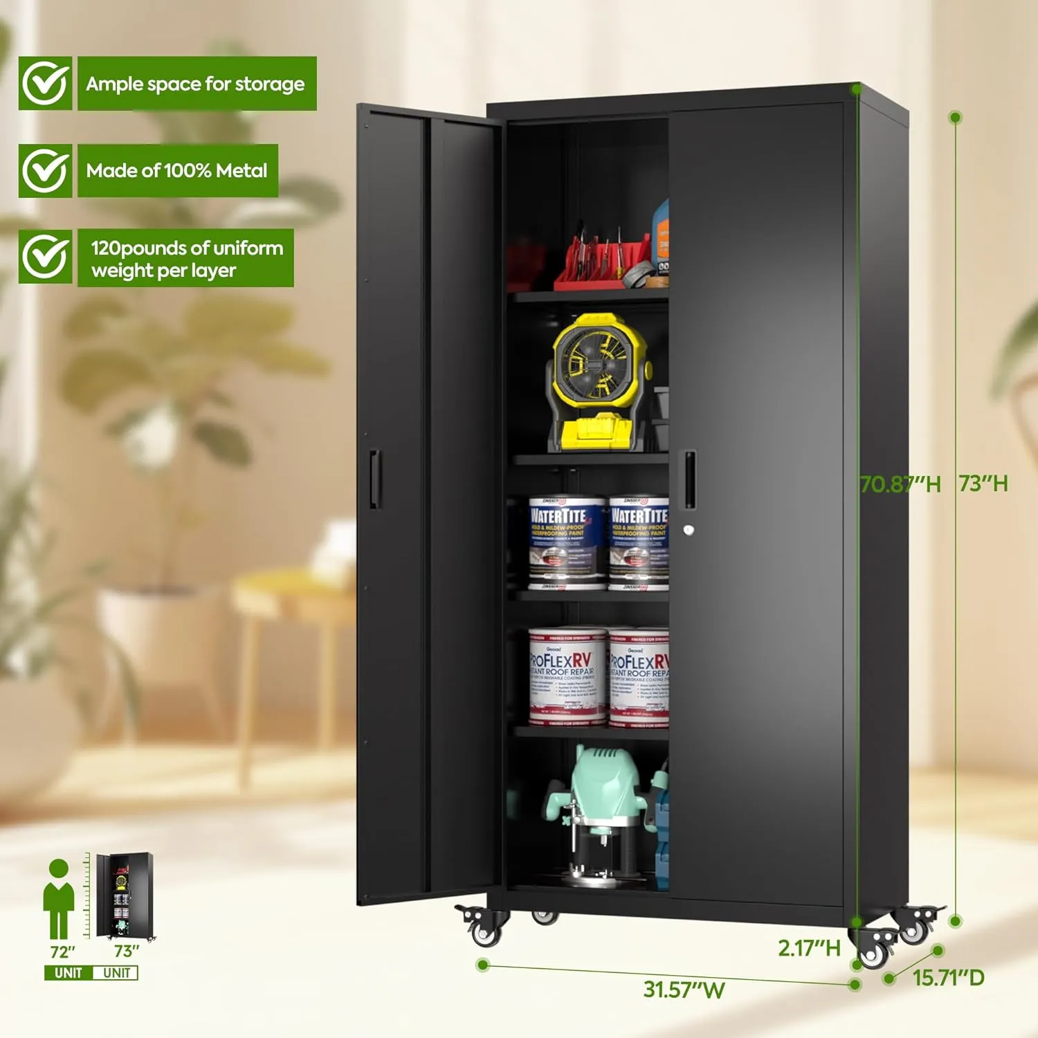 Aobabo 73" H Metal Storage Cabinet with Wheels, Locking Garage Tool Cabinet with 4 Shelves, Black, Assembly Required