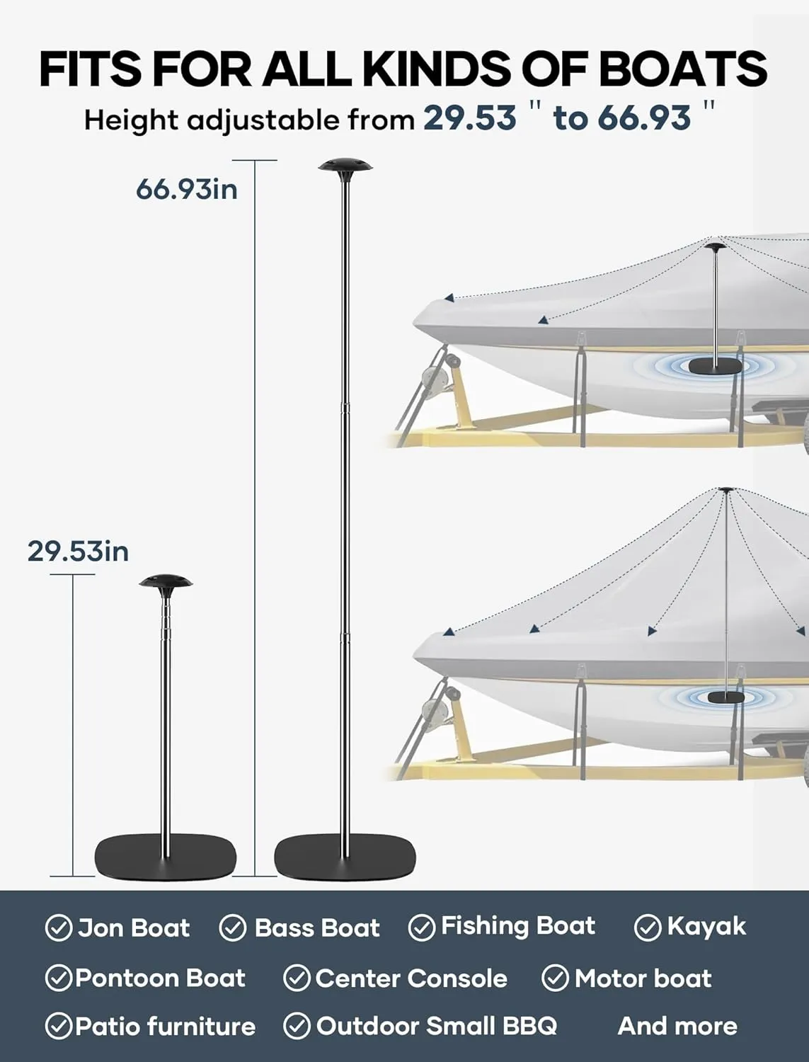 APXL Boat Cover Support Poles 2 PK Support Systems, Height Adjustable 304 Stainless Steel Support Poles with Stable Full-Touchdown Iron Alloy Base for Jon Boat Pontoon Aluminum Boat Tarps Bimini Tops