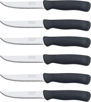 Arcos 4 Inch Steak knives Set of 6 Pcs in Nitrum Stainless Steel. Serrated Utility Meat Knife Set. Ergonomic Polypropylene Black Handle. Steak Basics