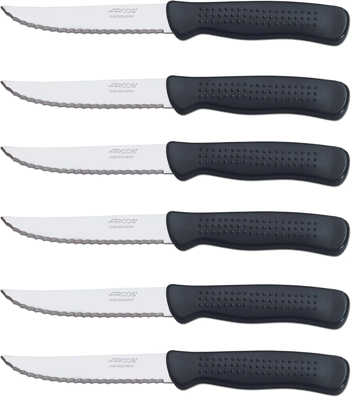 Arcos 4 Inch Steak knives Set of 6 Pcs in Nitrum Stainless Steel. Serrated Utility Meat Knife Set. Ergonomic Polypropylene Black Handle. Steak Basics