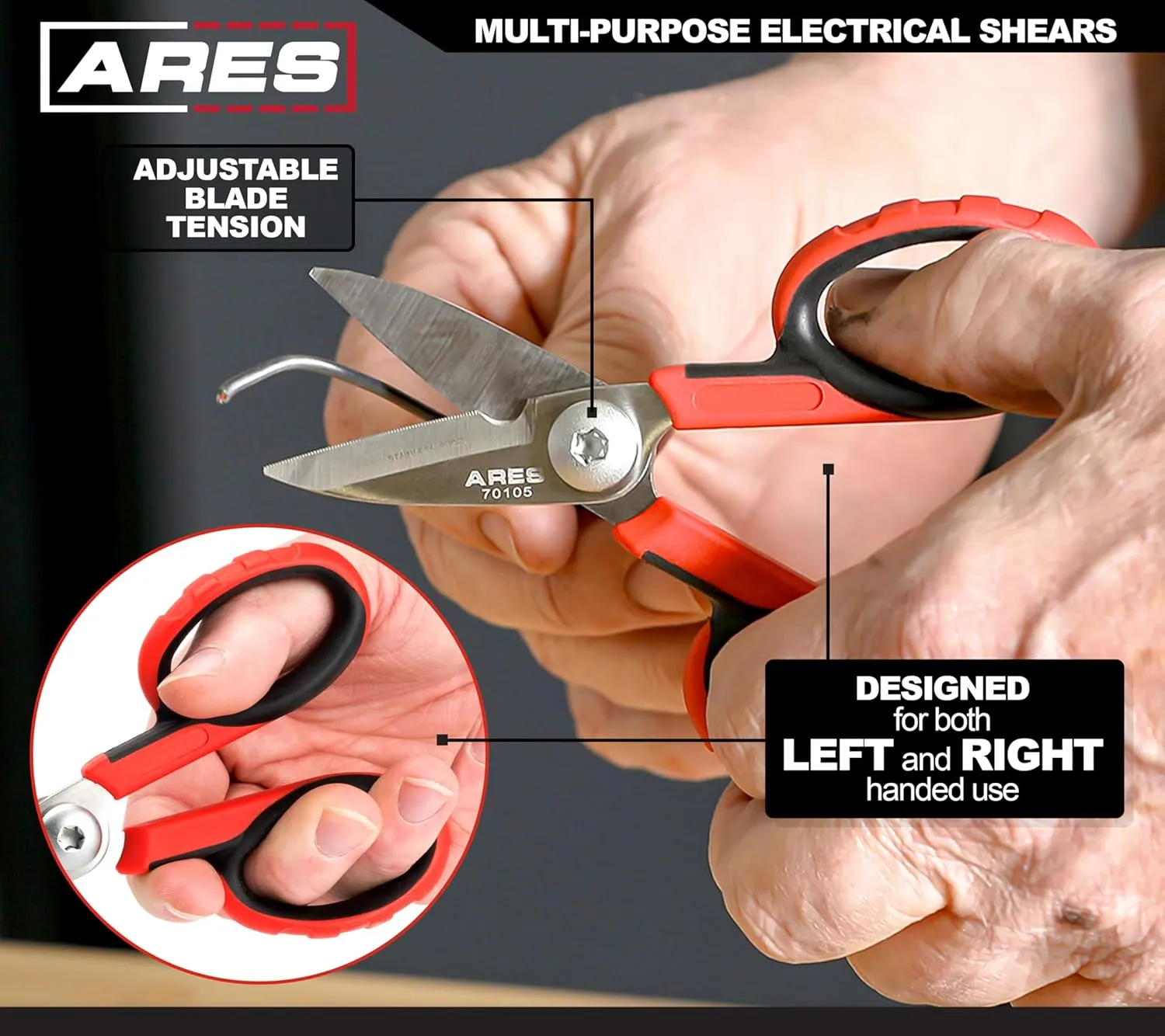 ARES 70105-5 1/2-Inch Multi-Purpose Heavy Duty Shears - Finely Serrated High Carbon Stainless Steel Blades - Cuts Wire, Insulation, Soft Cable and More