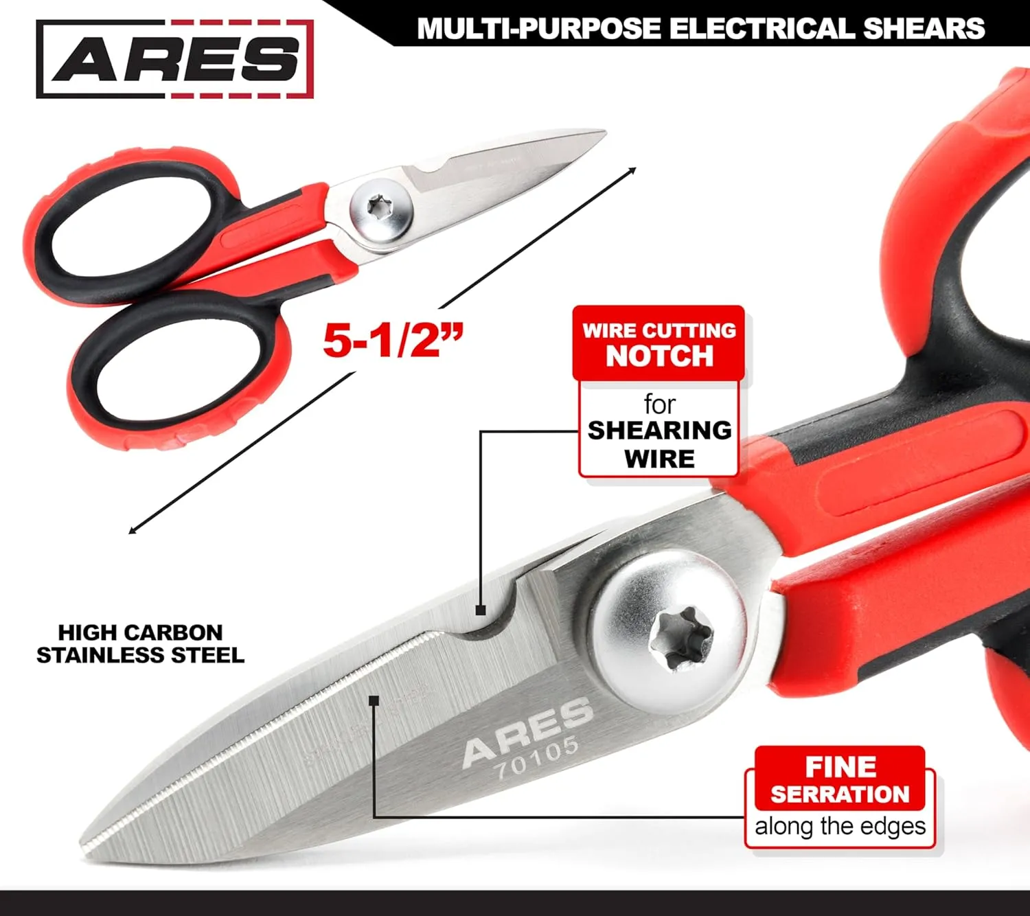 ARES 70105-5 1/2-Inch Multi-Purpose Heavy Duty Shears - Finely Serrated High Carbon Stainless Steel Blades - Cuts Wire, Insulation, Soft Cable and More