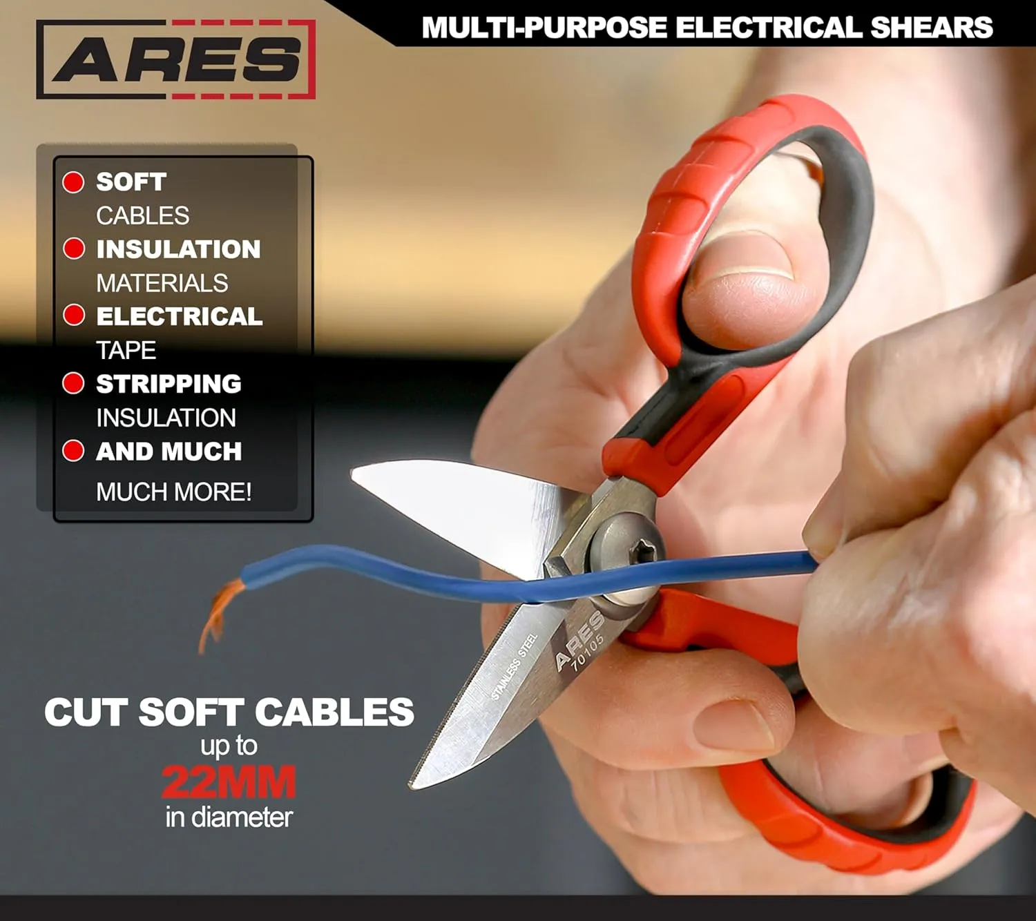 ARES 70105-5 1/2-Inch Multi-Purpose Heavy Duty Shears - Finely Serrated High Carbon Stainless Steel Blades - Cuts Wire, Insulation, Soft Cable and More